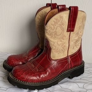 Ariat Boots FatBaby Red Alligator Print 14709 Cream Suede Top-Stitch Women Sz 8B